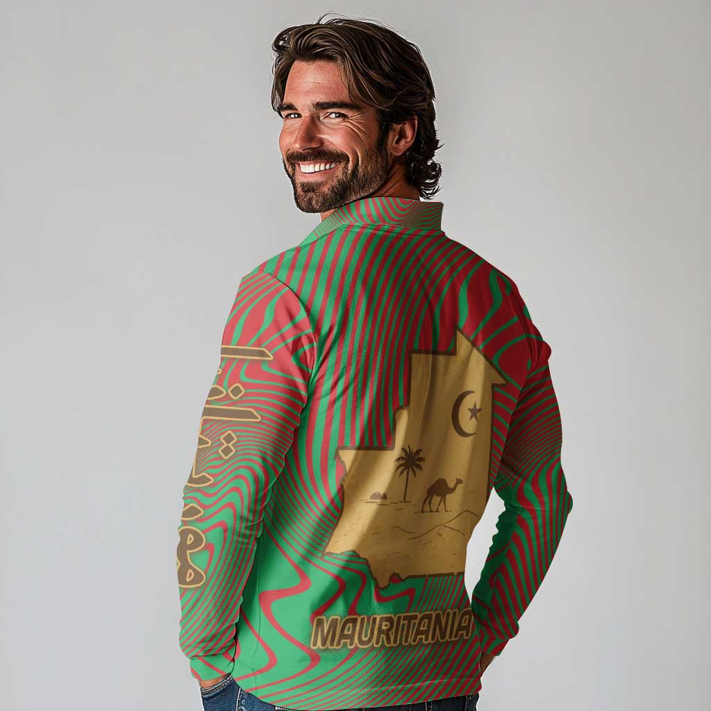 Mauritania Long Sleeve Polo Shirt with Desert Camel Crescent Moon and Palm Tree Graphic in Red Green Gold Pattern
