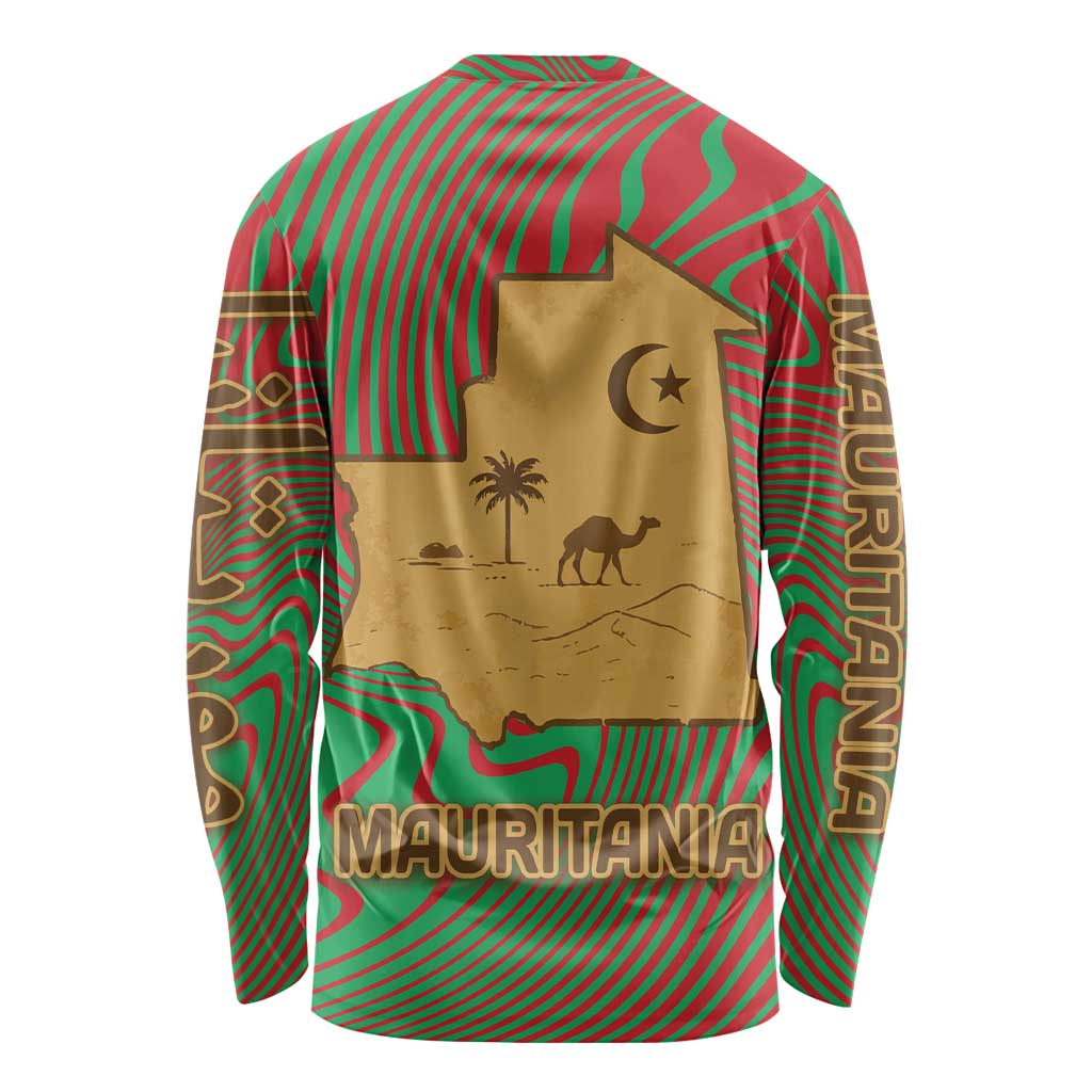 Mauritania Long Sleeve Shirt with Desert Camel Crescent Moon and Palm Tree Graphic in Red Green Gold Pattern