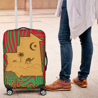 Mauritania Luggage Cover with Desert Camel Crescent Moon and Palm Tree Graphic in Red Green Gold Pattern
