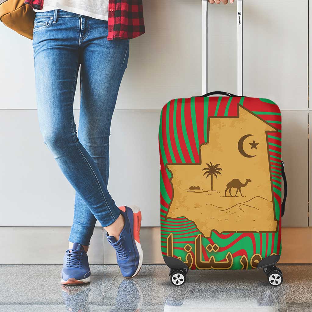 Mauritania Luggage Cover with Desert Camel Crescent Moon and Palm Tree Graphic in Red Green Gold Pattern