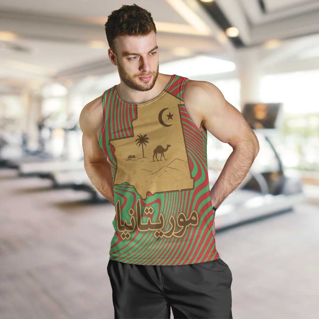 Mauritania Men Tank Top with Desert Camel Crescent Moon and Palm Tree Graphic in Red Green Gold Pattern