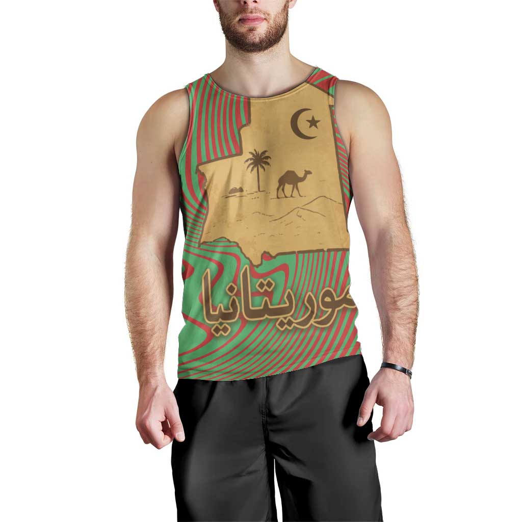 Mauritania Men Tank Top with Desert Camel Crescent Moon and Palm Tree Graphic in Red Green Gold Pattern