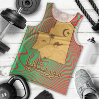 Mauritania Men Tank Top with Desert Camel Crescent Moon and Palm Tree Graphic in Red Green Gold Pattern