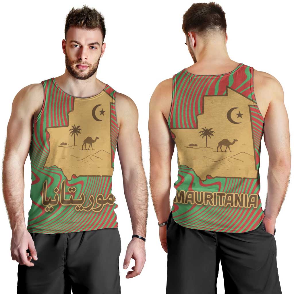 Mauritania Men Tank Top with Desert Camel Crescent Moon and Palm Tree Graphic in Red Green Gold Pattern