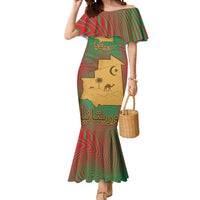 Mauritania Mermaid Dress with Desert Camel Crescent Moon and Palm Tree Graphic in Red Green Gold Pattern