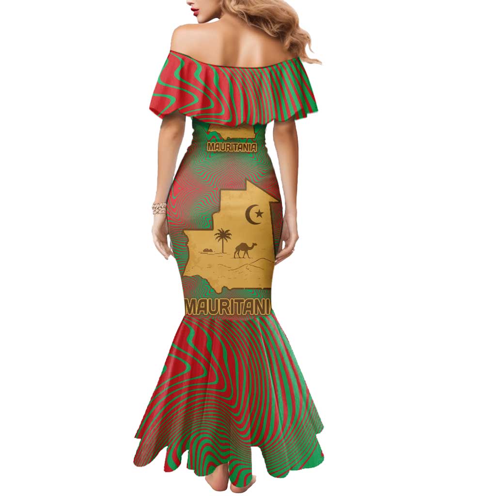 Mauritania Mermaid Dress with Desert Camel Crescent Moon and Palm Tree Graphic in Red Green Gold Pattern