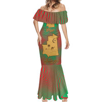 Mauritania Mermaid Dress with Desert Camel Crescent Moon and Palm Tree Graphic in Red Green Gold Pattern