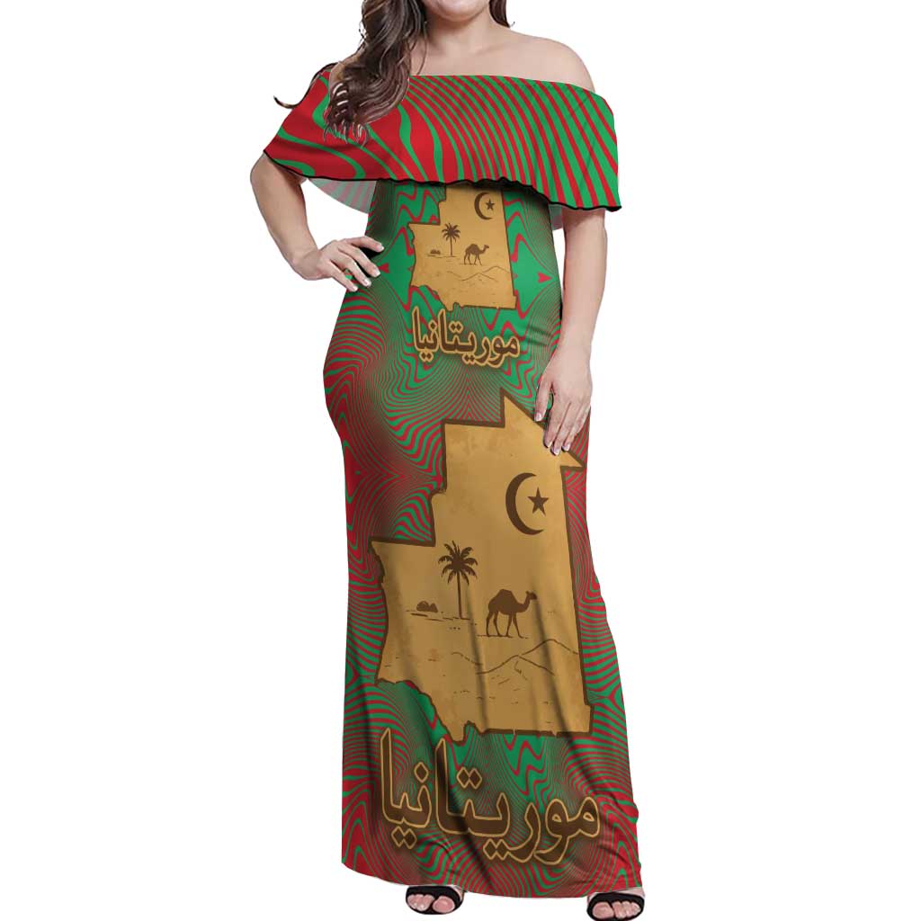 Mauritania Off Shoulder Maxi Dress with Desert Camel Crescent Moon and Palm Tree Graphic in Red Green Gold Pattern
