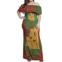 Mauritania Off Shoulder Maxi Dress with Desert Camel Crescent Moon and Palm Tree Graphic in Red Green Gold Pattern