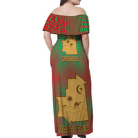 Mauritania Off Shoulder Maxi Dress with Desert Camel Crescent Moon and Palm Tree Graphic in Red Green Gold Pattern