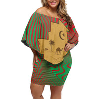 Mauritania Off Shoulder Short Dress with Desert Camel Crescent Moon and Palm Tree Graphic in Red Green Gold Pattern