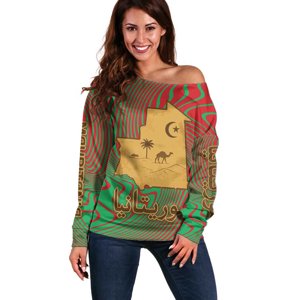 Mauritania Off Shoulder Sweater with Desert Camel Crescent Moon and Palm Tree Graphic in Red Green Gold Pattern