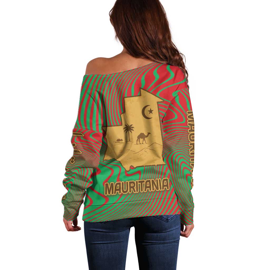 Mauritania Off Shoulder Sweater with Desert Camel Crescent Moon and Palm Tree Graphic in Red Green Gold Pattern