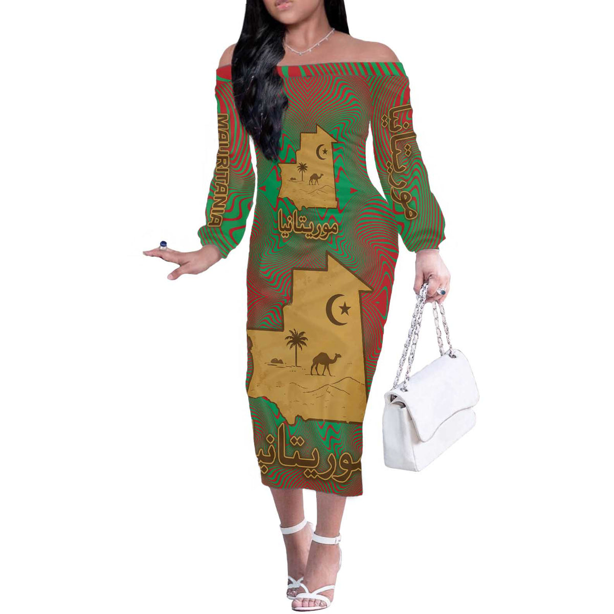 Mauritania Off The Shoulder Long Sleeve Dress with Desert Camel Crescent Moon and Palm Tree Graphic in Red Green Gold Pattern