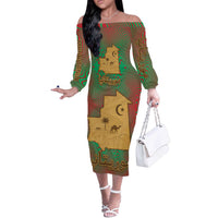 Mauritania Off The Shoulder Long Sleeve Dress with Desert Camel Crescent Moon and Palm Tree Graphic in Red Green Gold Pattern