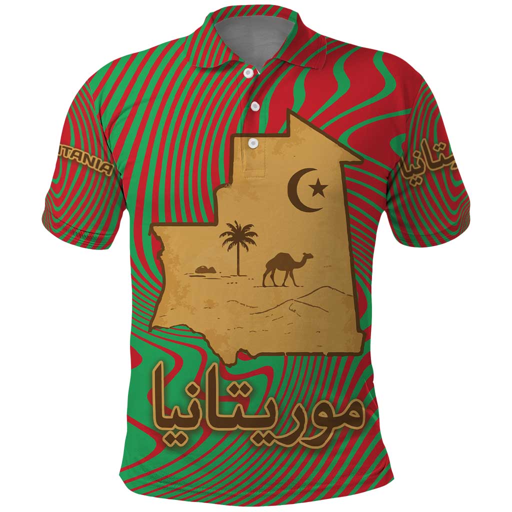 Mauritania Polo Shirt with Desert Camel Crescent Moon and Palm Tree Graphic in Red Green Gold Pattern