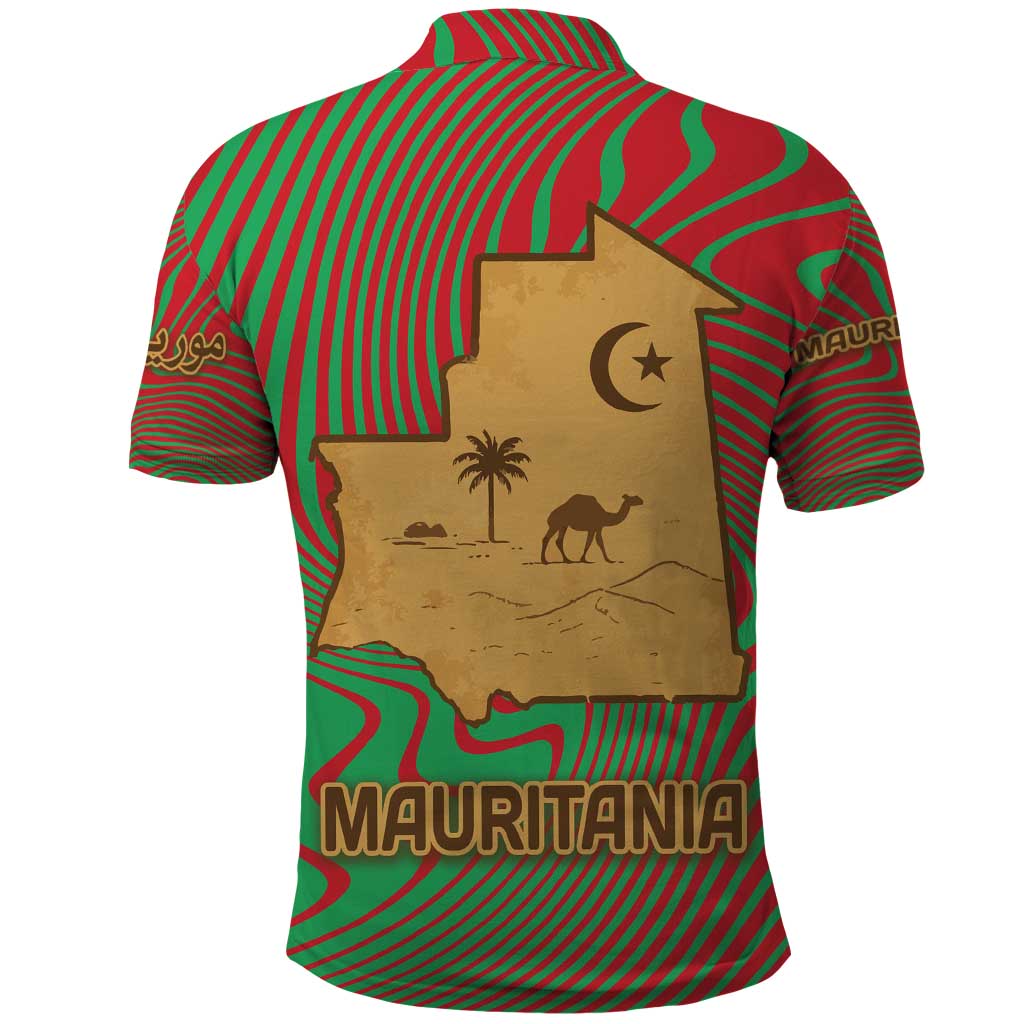 Mauritania Polo Shirt with Desert Camel Crescent Moon and Palm Tree Graphic in Red Green Gold Pattern