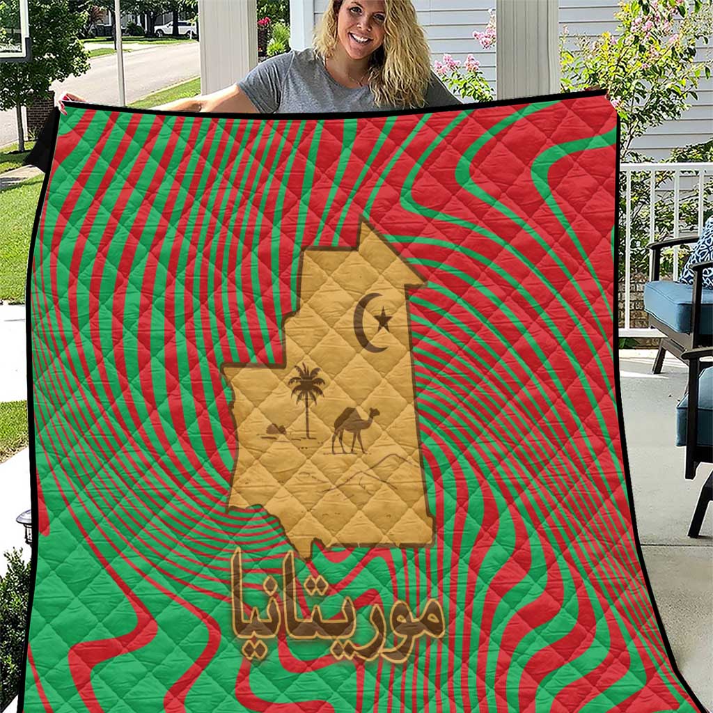 Mauritania Quilt with Desert Camel Crescent Moon and Palm Tree Graphic in Red Green Gold Pattern