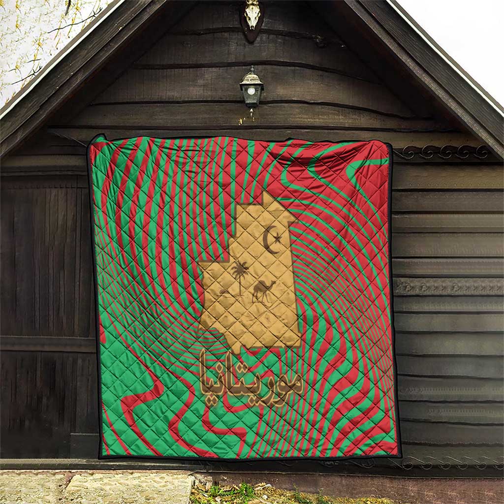 Mauritania Quilt with Desert Camel Crescent Moon and Palm Tree Graphic in Red Green Gold Pattern