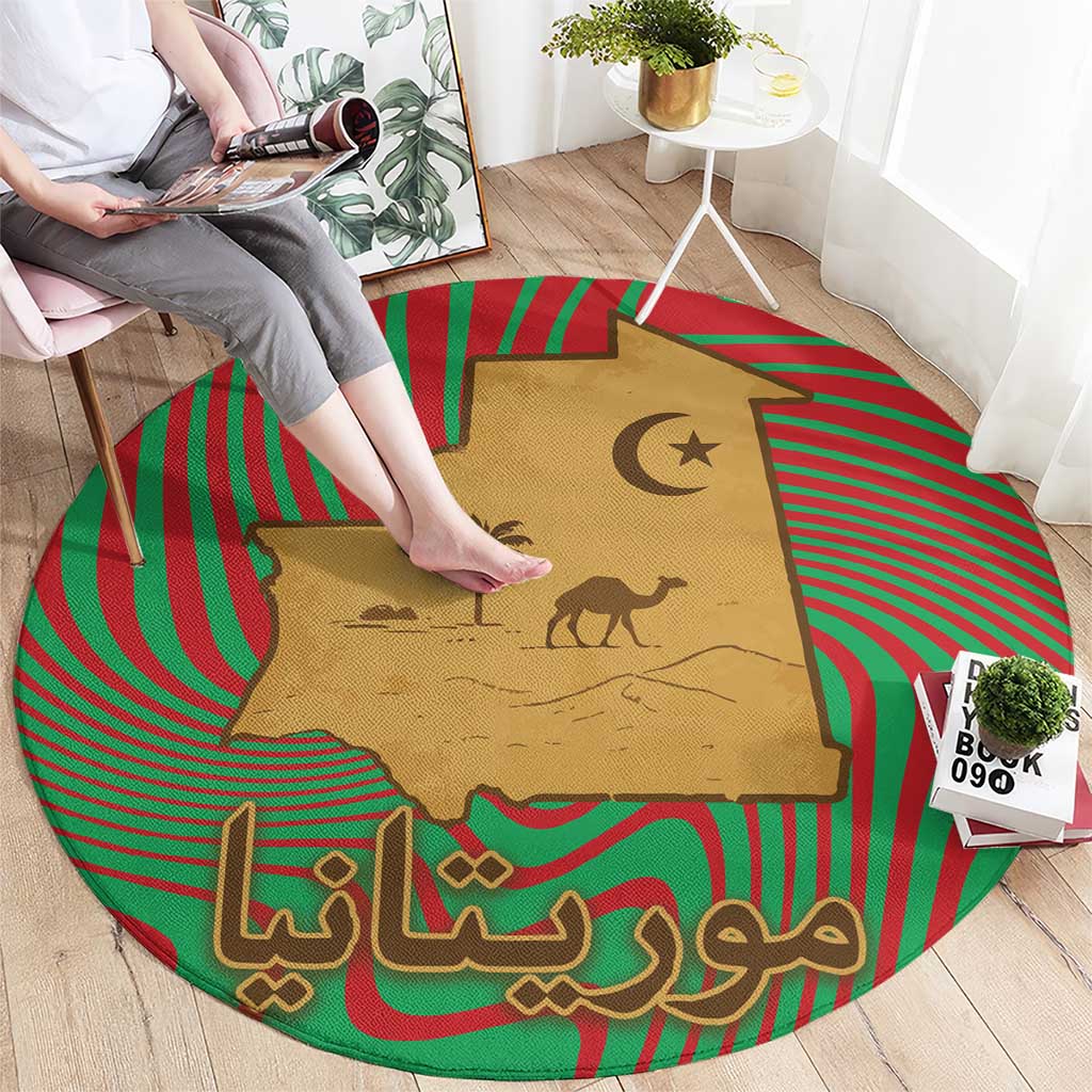 Mauritania Round Carpet with Desert Camel Crescent Moon and Palm Tree Graphic in Red Green Gold Pattern