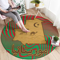 Mauritania Round Carpet with Desert Camel Crescent Moon and Palm Tree Graphic in Red Green Gold Pattern