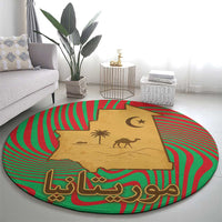 Mauritania Round Carpet with Desert Camel Crescent Moon and Palm Tree Graphic in Red Green Gold Pattern