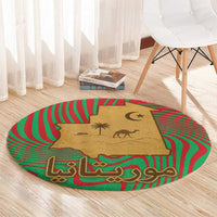 Mauritania Round Carpet with Desert Camel Crescent Moon and Palm Tree Graphic in Red Green Gold Pattern