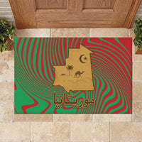 Mauritania Rubber Doormat with Desert Camel Crescent Moon and Palm Tree Graphic in Red Green Gold Pattern