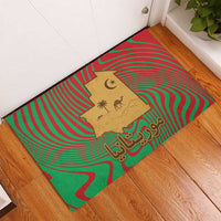 Mauritania Rubber Doormat with Desert Camel Crescent Moon and Palm Tree Graphic in Red Green Gold Pattern