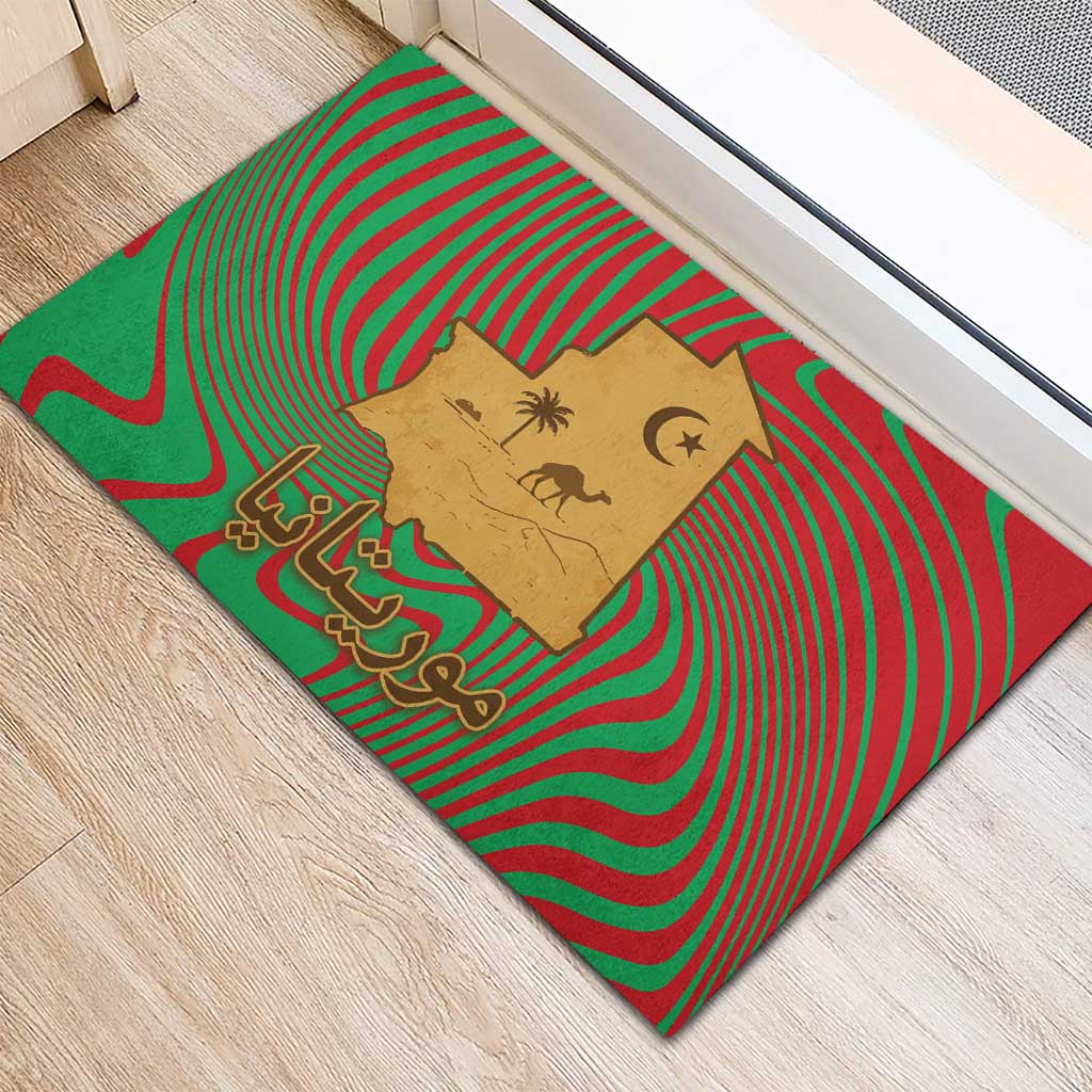 Mauritania Rubber Doormat with Desert Camel Crescent Moon and Palm Tree Graphic in Red Green Gold Pattern
