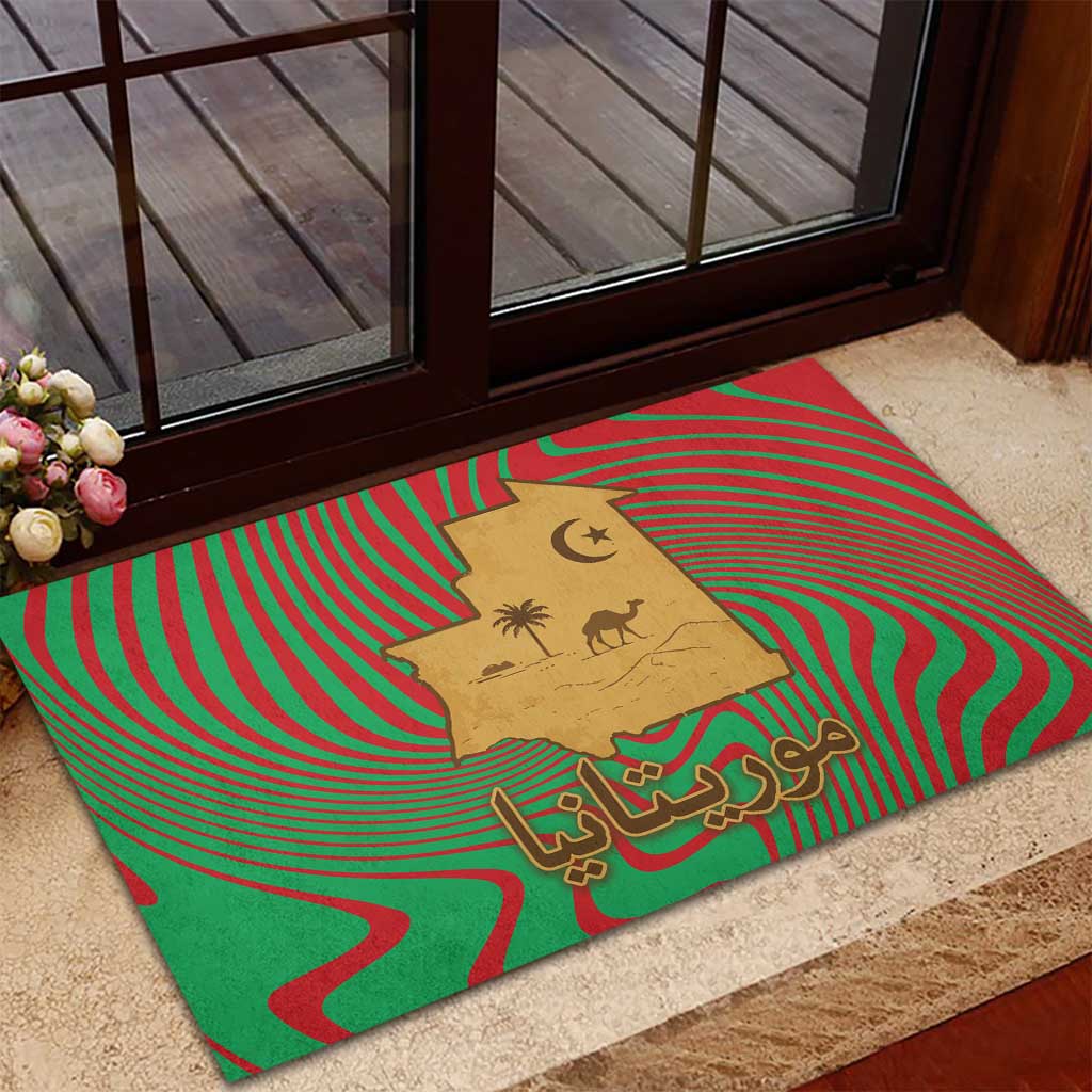 Mauritania Rubber Doormat with Desert Camel Crescent Moon and Palm Tree Graphic in Red Green Gold Pattern
