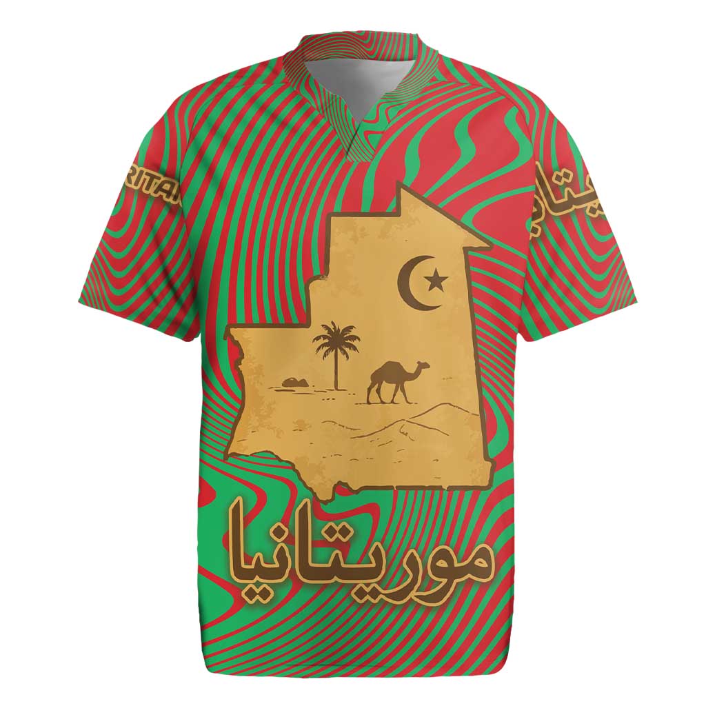 Mauritania Rugby Jersey with Desert Camel Crescent Moon and Palm Tree Graphic in Red Green Gold Pattern