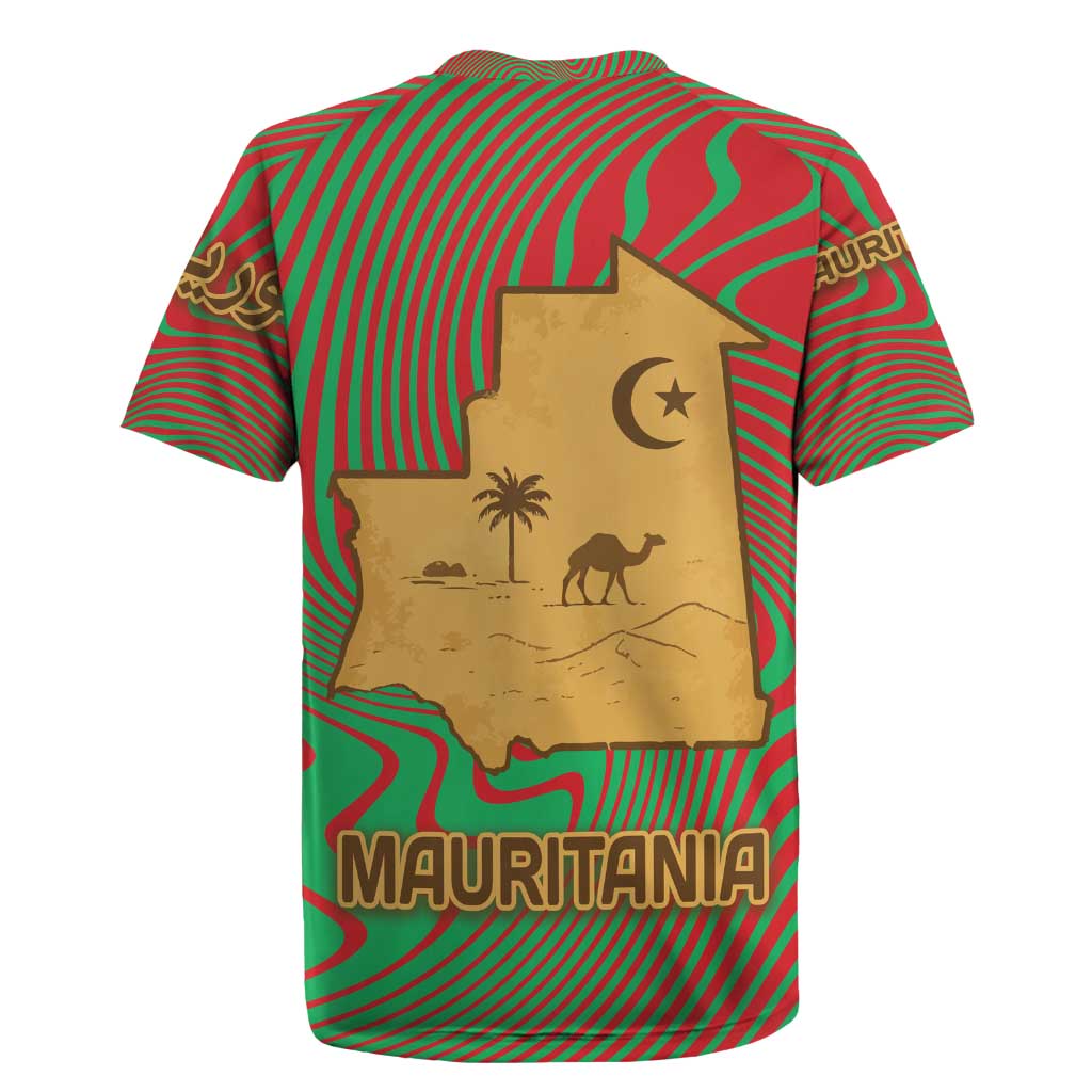 Mauritania Rugby Jersey with Desert Camel Crescent Moon and Palm Tree Graphic in Red Green Gold Pattern