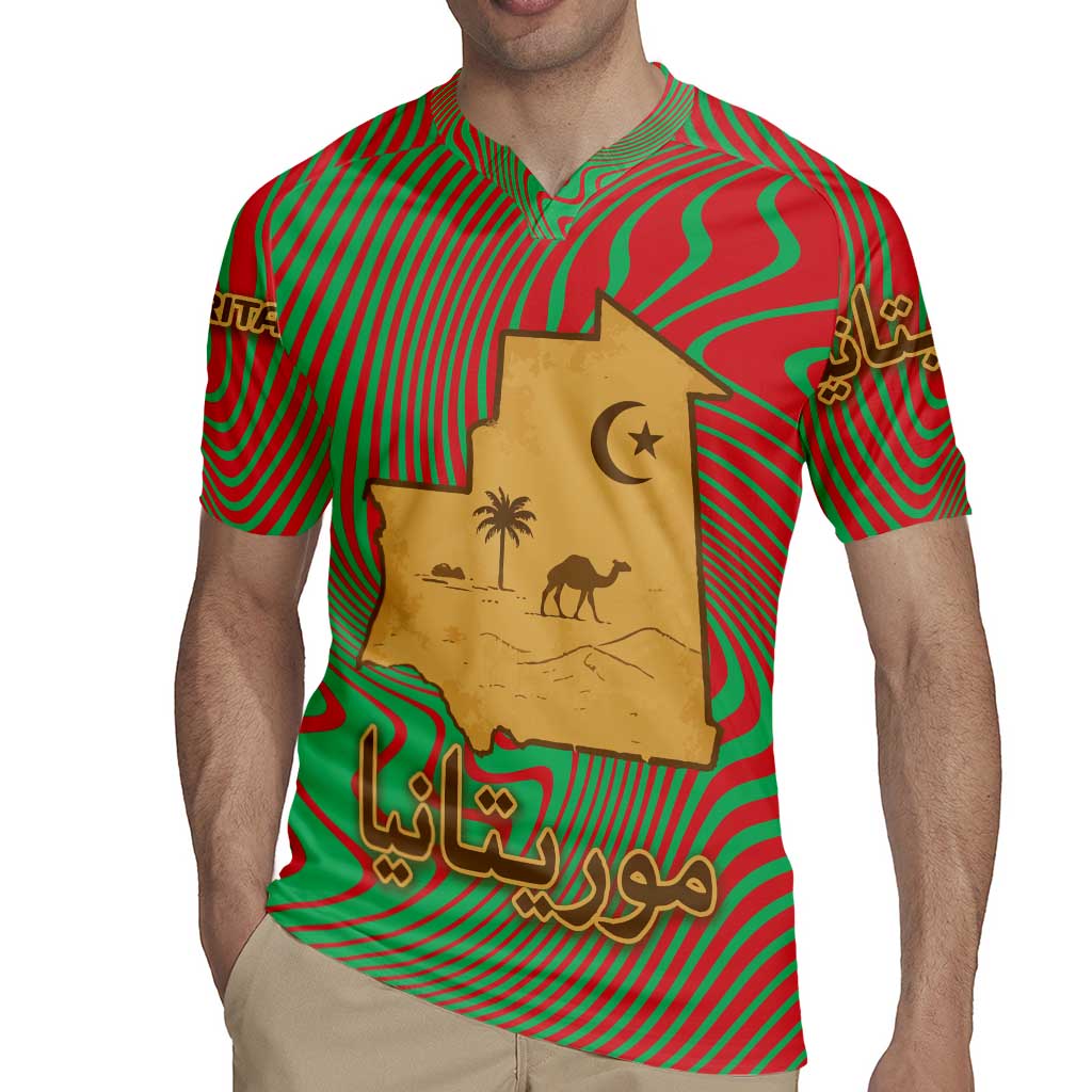Mauritania Rugby Jersey with Desert Camel Crescent Moon and Palm Tree Graphic in Red Green Gold Pattern