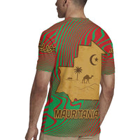 Mauritania Rugby Jersey with Desert Camel Crescent Moon and Palm Tree Graphic in Red Green Gold Pattern