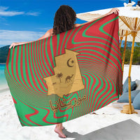 Mauritania Sarong with Desert Camel Crescent Moon and Palm Tree Graphic in Red Green Gold Pattern
