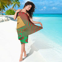 Mauritania Sarong with Desert Camel Crescent Moon and Palm Tree Graphic in Red Green Gold Pattern