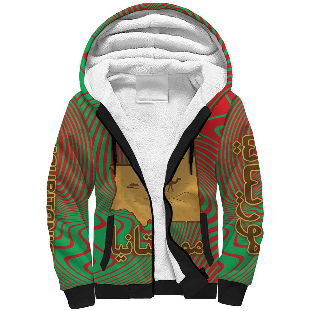 Mauritania Sherpa Hoodie with Desert Camel Crescent Moon and Palm Tree Graphic in Red Green Gold Pattern
