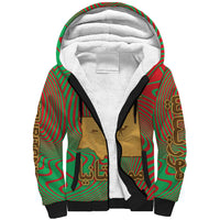 Mauritania Sherpa Hoodie with Desert Camel Crescent Moon and Palm Tree Graphic in Red Green Gold Pattern