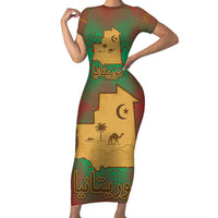 Mauritania Short Sleeve Bodycon Dress with Desert Camel Crescent Moon and Palm Tree Graphic in Red Green Gold Pattern