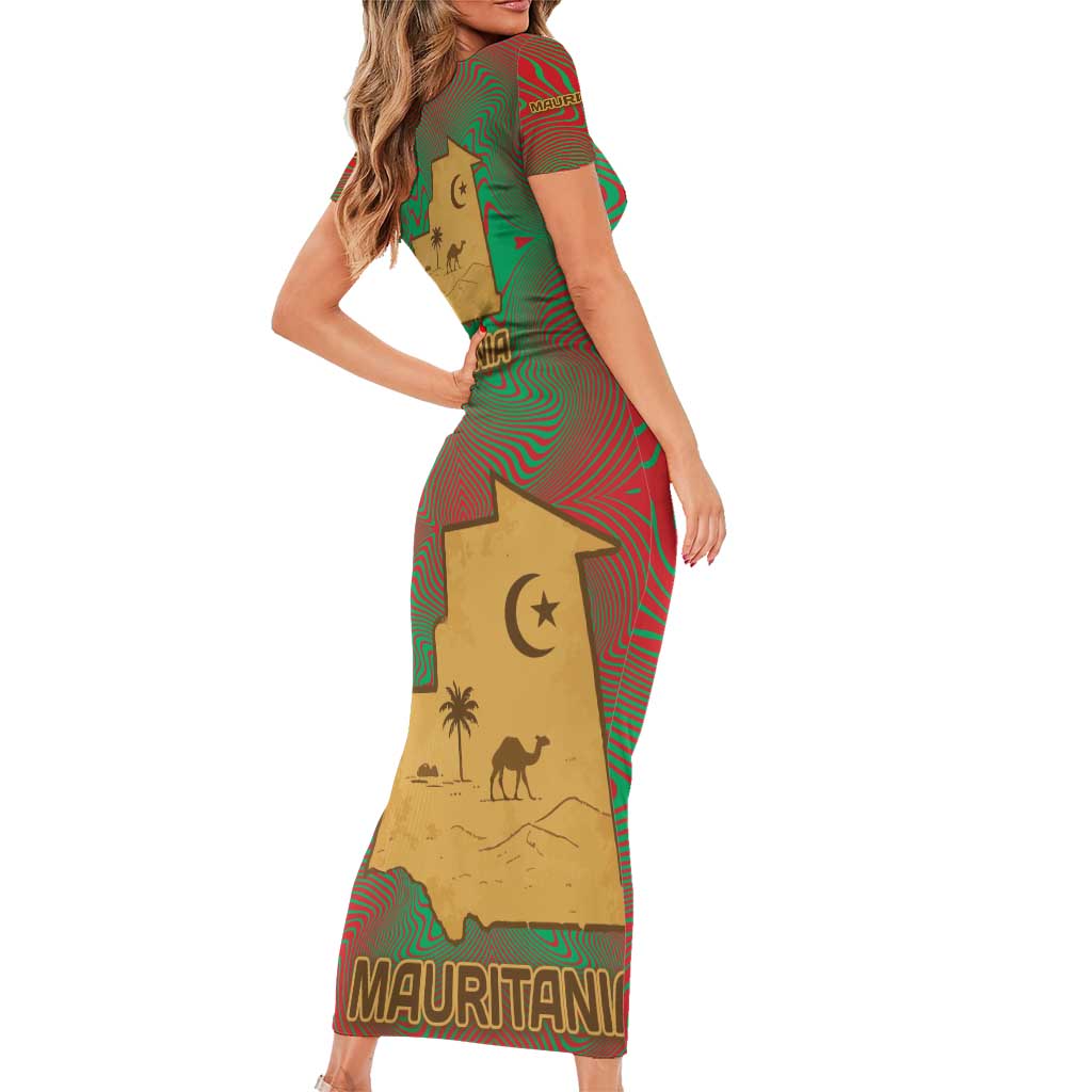 Mauritania Short Sleeve Bodycon Dress with Desert Camel Crescent Moon and Palm Tree Graphic in Red Green Gold Pattern