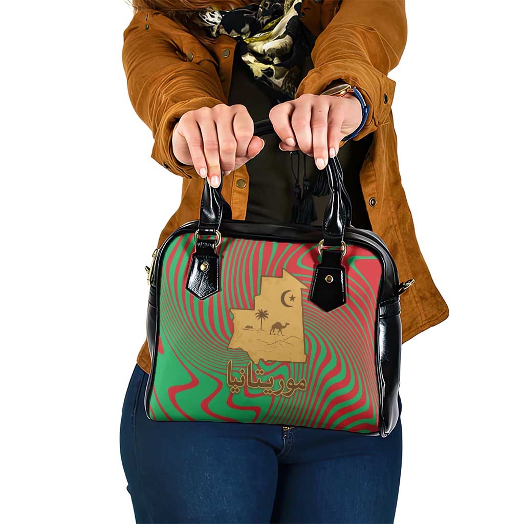 Mauritania Shoulder Handbag with Desert Camel Crescent Moon and Palm Tree Graphic in Red Green Gold Pattern