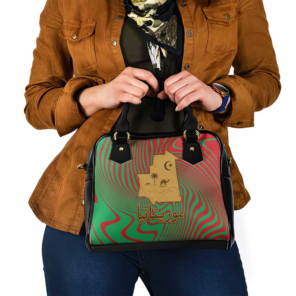 Mauritania Shoulder Handbag with Desert Camel Crescent Moon and Palm Tree Graphic in Red Green Gold Pattern