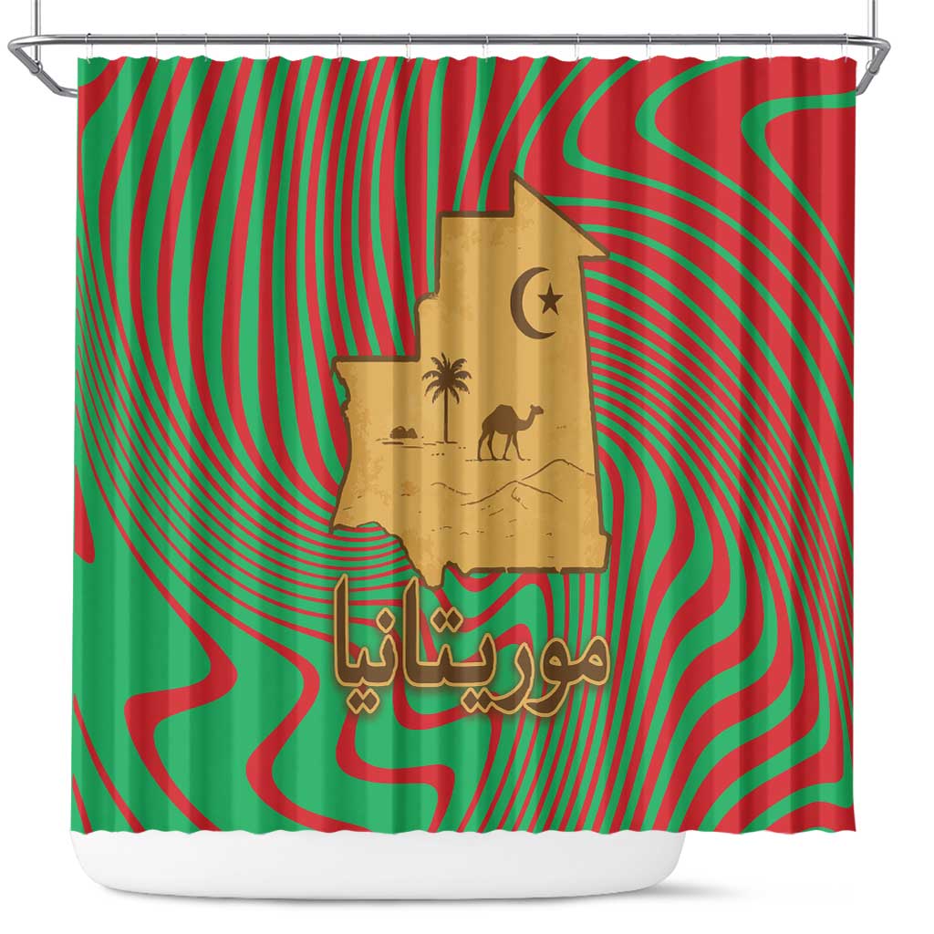 Mauritania Shower Curtain with Desert Camel Crescent Moon and Palm Tree Graphic in Red Green Gold Pattern