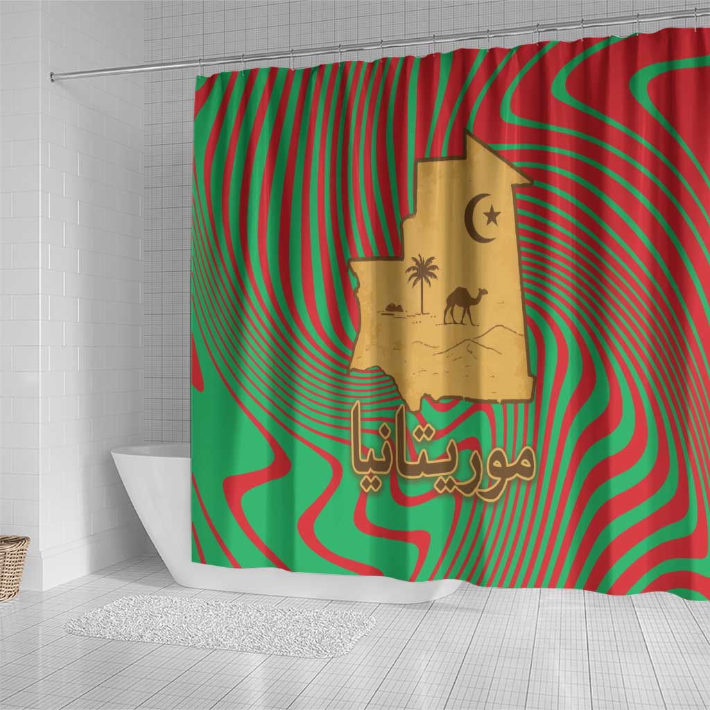 Mauritania Shower Curtain with Desert Camel Crescent Moon and Palm Tree Graphic in Red Green Gold Pattern