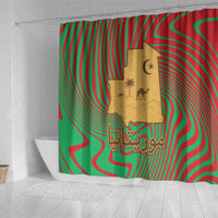 Mauritania Shower Curtain with Desert Camel Crescent Moon and Palm Tree Graphic in Red Green Gold Pattern