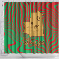 Mauritania Shower Curtain with Desert Camel Crescent Moon and Palm Tree Graphic in Red Green Gold Pattern