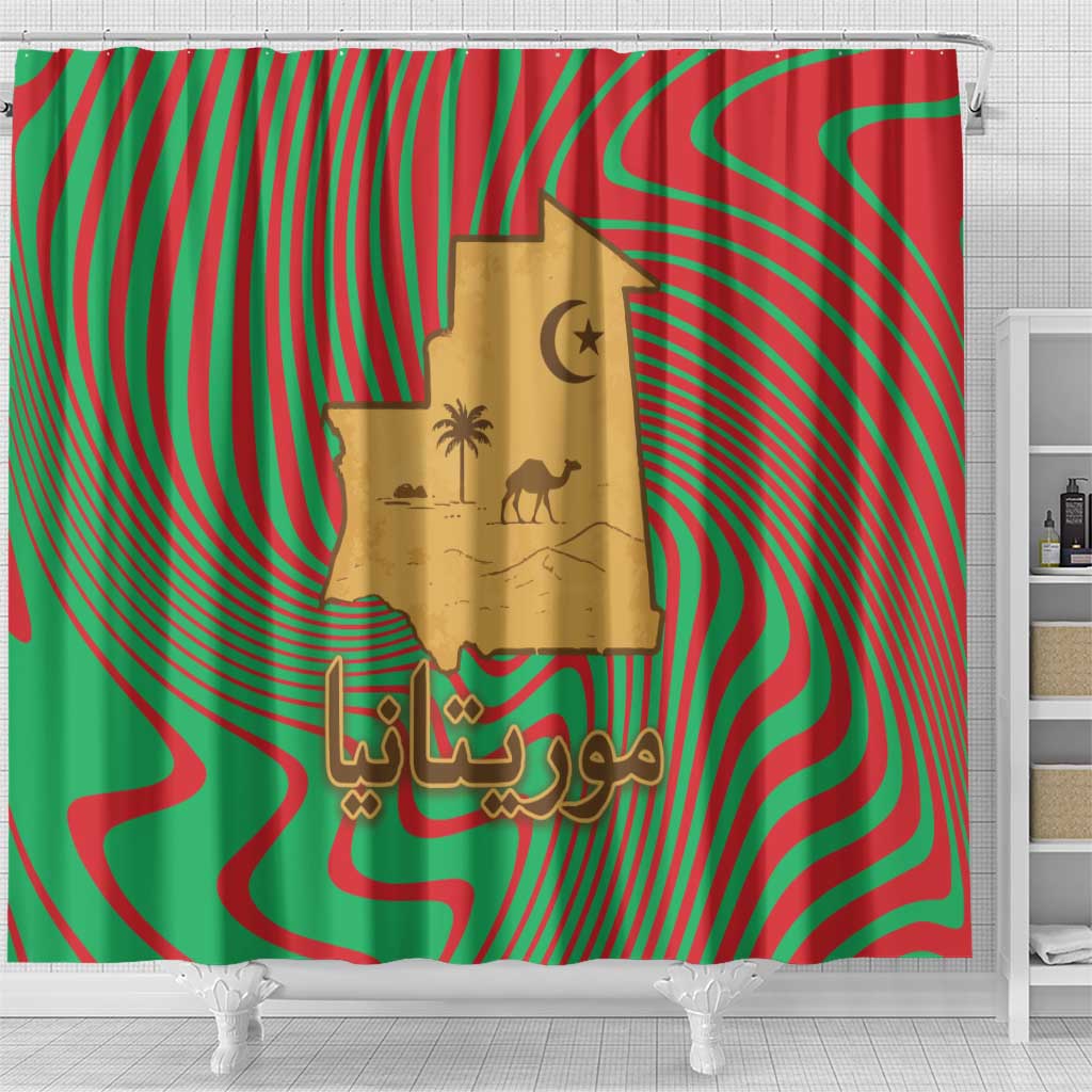 Mauritania Shower Curtain with Desert Camel Crescent Moon and Palm Tree Graphic in Red Green Gold Pattern