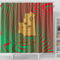 Mauritania Shower Curtain with Desert Camel Crescent Moon and Palm Tree Graphic in Red Green Gold Pattern