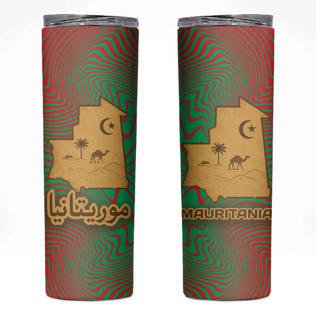 Mauritania Skinny Tumbler with Desert Camel Crescent Moon and Palm Tree Graphic in Red Green Gold Pattern